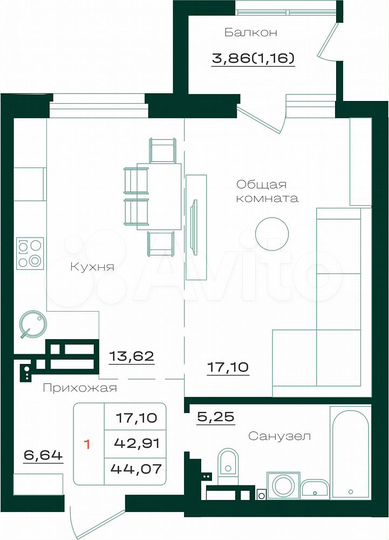 1-к. квартира, 44,1 м², 15/17 эт.