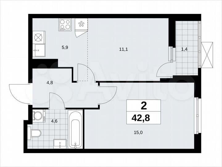 2-к. квартира, 42,8 м², 12/18 эт.