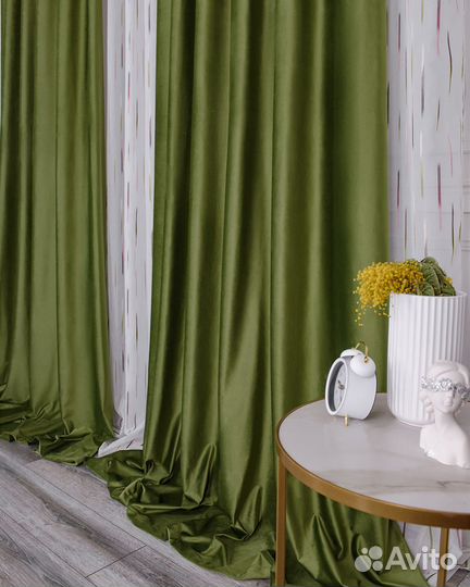Шторы бархат Беллиссимо оливковый новые пошив