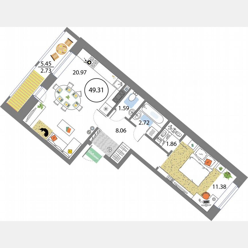 1-к. квартира, 49,3 м², 8/12 эт.