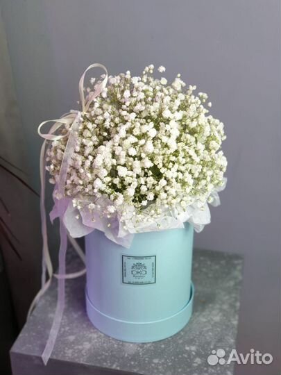 Купить букет гипсофилы Шляпная коробка