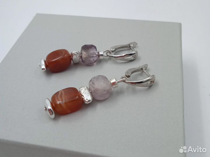 Серьги 3см сердолик,аметист