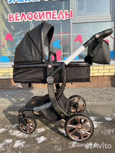 Коляска для новорождённого 2 в 1 экокожа черная