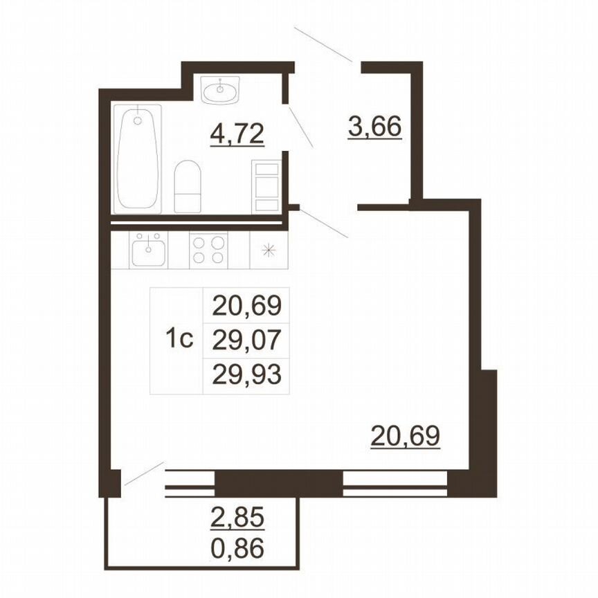 Квартира-студия, 29,9 м², 4/6 эт.