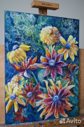 Картина маслом, осенние цветы