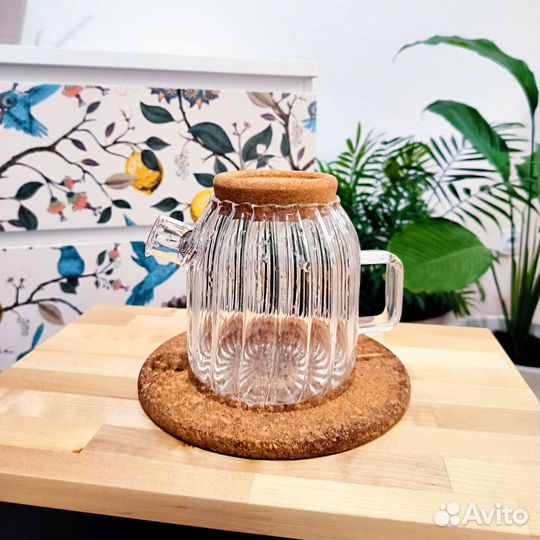 Заварочный стеклянный чайник с кружками