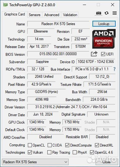 Видеокарта Sapphire rx 570 4GB nitro