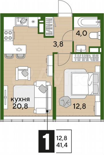 1-к. квартира, 41,4 м², 15/16 эт.