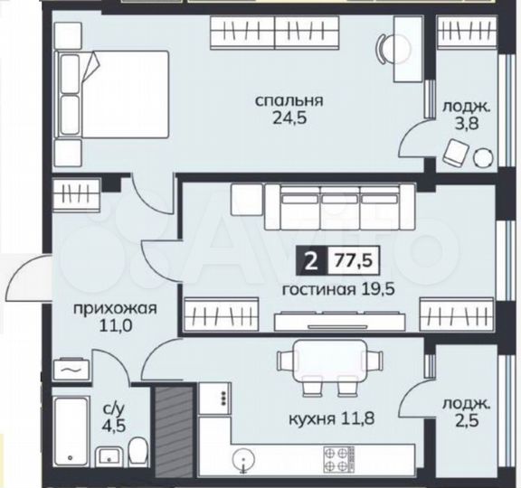 2-к. квартира, 77,5 м², 2/15 эт.