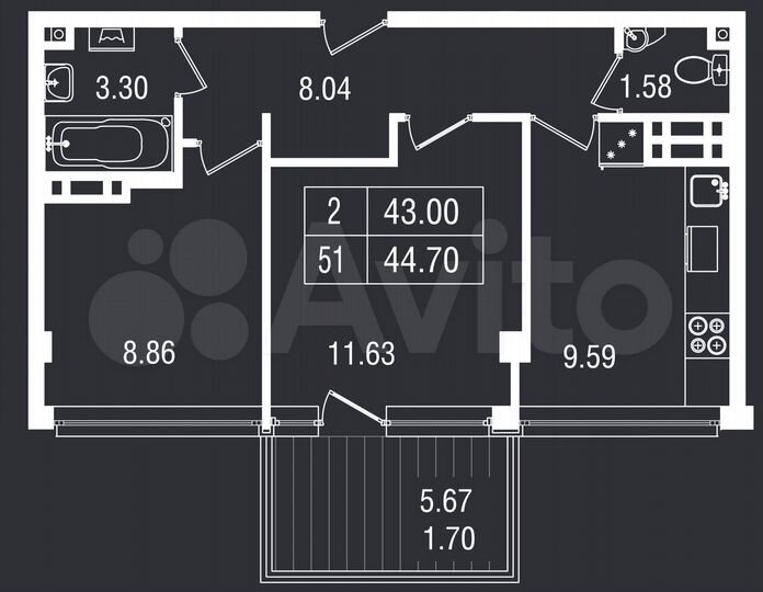 2-к. апартаменты, 44,7 м², 5/8 эт.