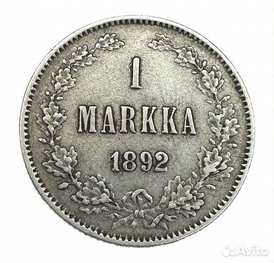 Монета 1 марка 1892 г., Финляндия, Серебро 0.868