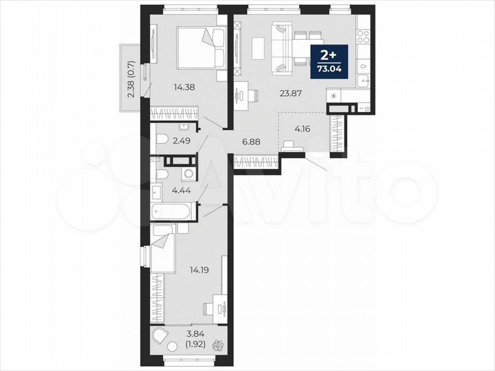 2-к. квартира, 73 м², 14/22 эт.