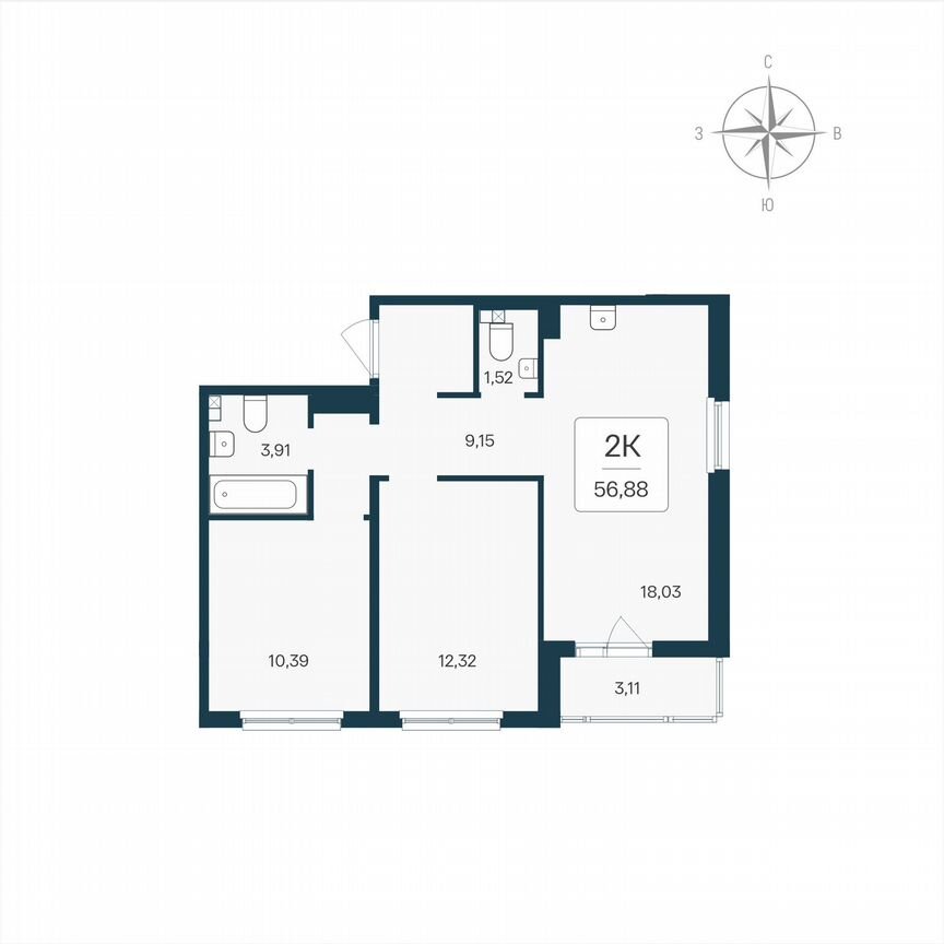 2-к. квартира, 56,9 м², 4/8 эт.