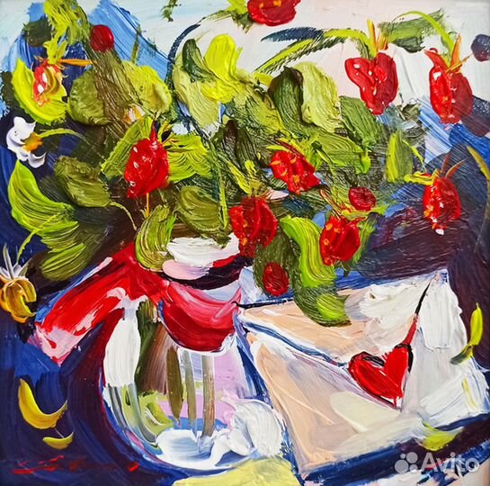 Картина букет в вазе цветы масло холст