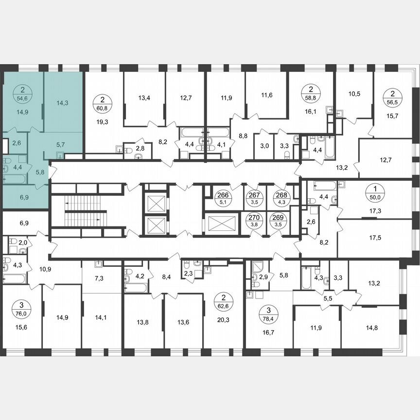 2-к. квартира, 54,6 м², 16/22 эт.
