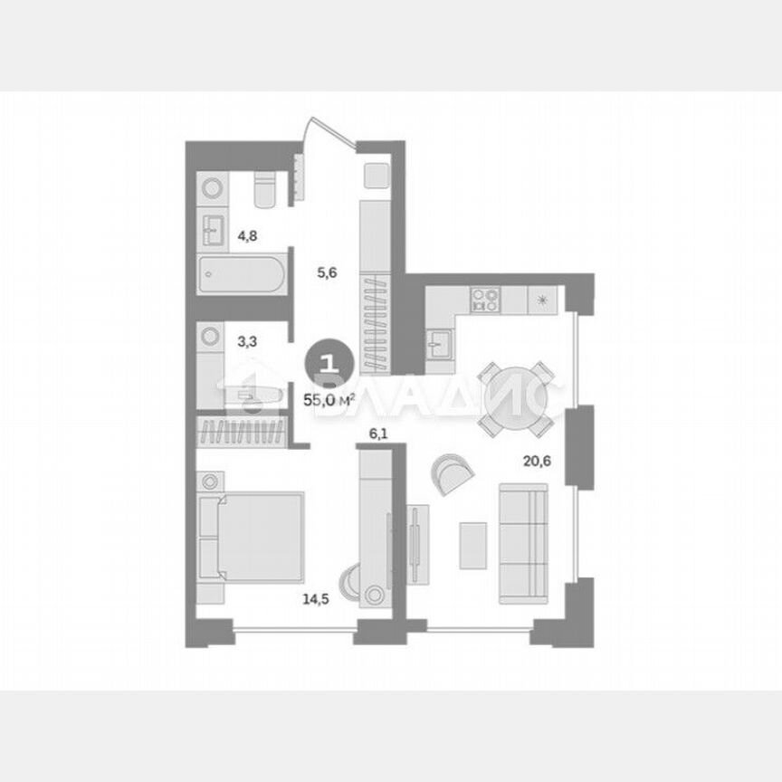 1-к. квартира, 55 м², 20/27 эт.