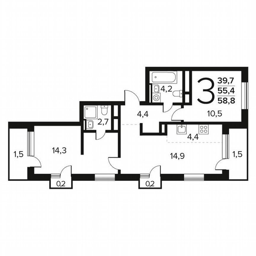 3-к. квартира, 58,8 м², 4/7 эт.