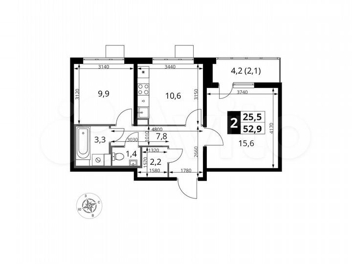 2-к. квартира, 52,9 м², 13/25 эт.