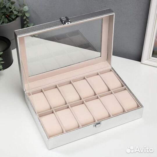 Шкатулка кожзам под часы 12 отделений 'Космос. Сер