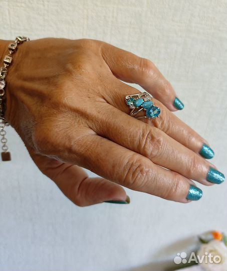 Кольцо голубой топаз, бирюза