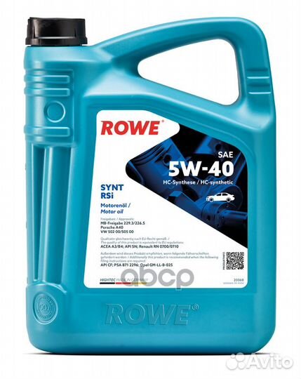 Масло моторное rowe hightec synt RSi 5W40 SN A3/B4