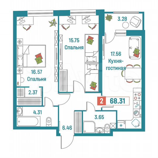 2-к. квартира, 68,3 м², 2/18 эт.