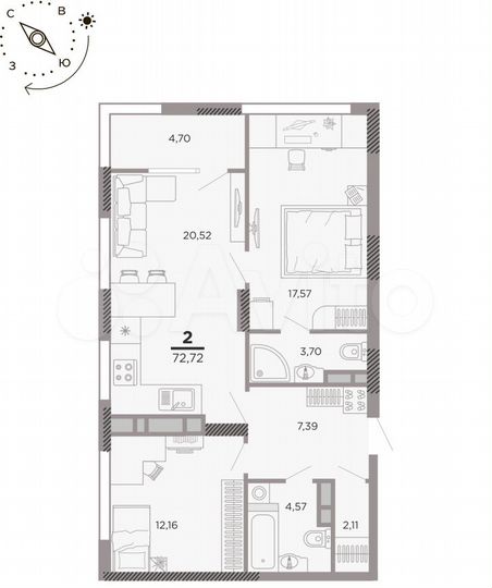 2-к. квартира, 72,7 м², 13/25 эт.