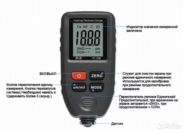 Толщиномер краски (новый) для авто R&D TC100 + бат