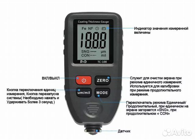 Толщиномер краски (новый) для авто R&D TC100 + бат