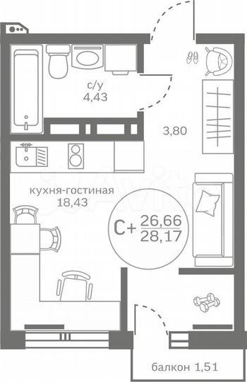 Квартира-студия, 26,7 м², 3/17 эт.