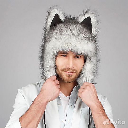 Шапка с ушками Волкошапка Зверошапка-ушанка Хаски