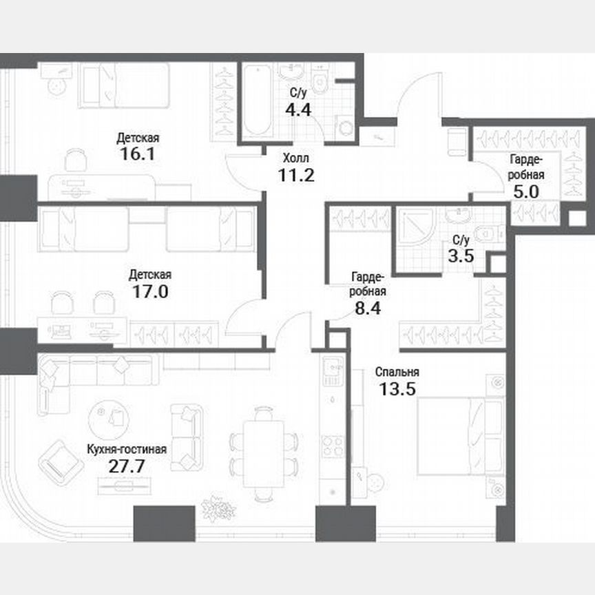 3-к. квартира, 106,8 м², 11/19 эт.