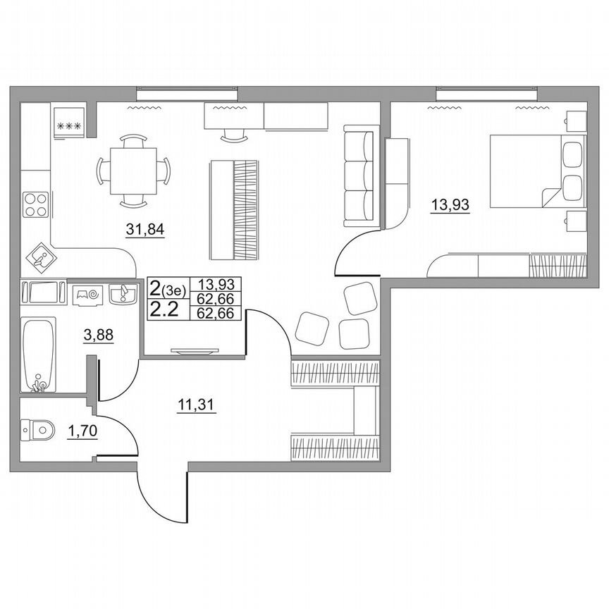 2-к. квартира, 62,7 м², 1/11 эт.