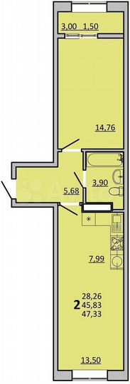 2-к. квартира, 47,3 м², 15/22 эт.