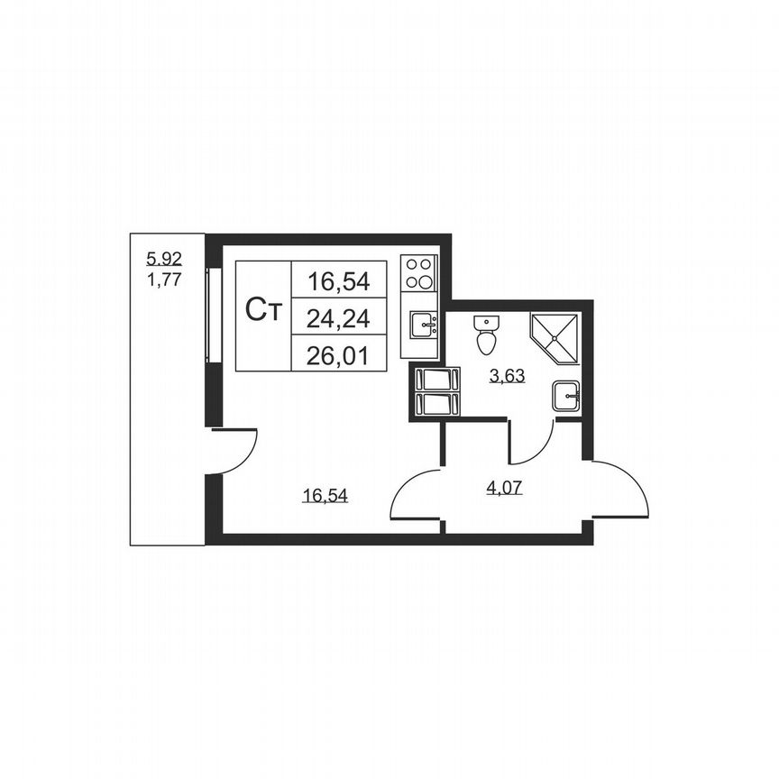 Квартира-студия, 26 м², 18/19 эт.