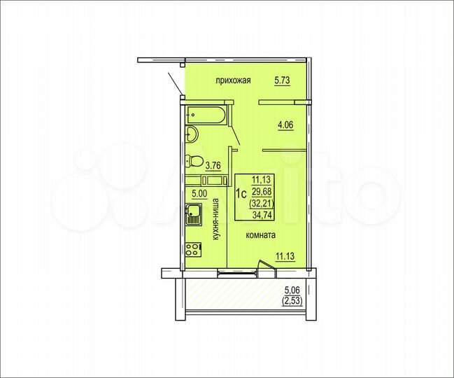 Квартира-студия, 32,2 м², 1/10 эт.
