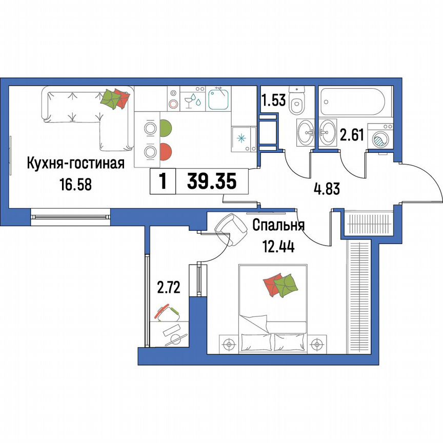 1-к. квартира, 39,4 м², 8/16 эт.