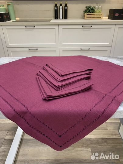 Скатерть салфетки льняные бордовые комплект