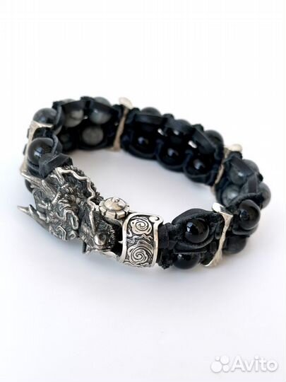Браслет Дракон, черный агат и кварцевый кошачий гл