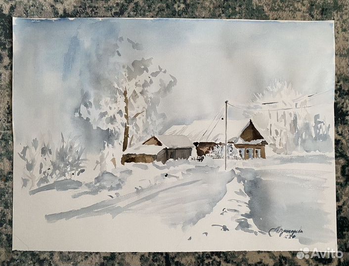 Картина, Зима, акварель пейзаж