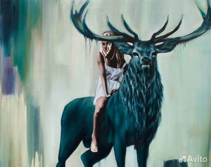 Большая картина интерьерная с оленем ручная работа