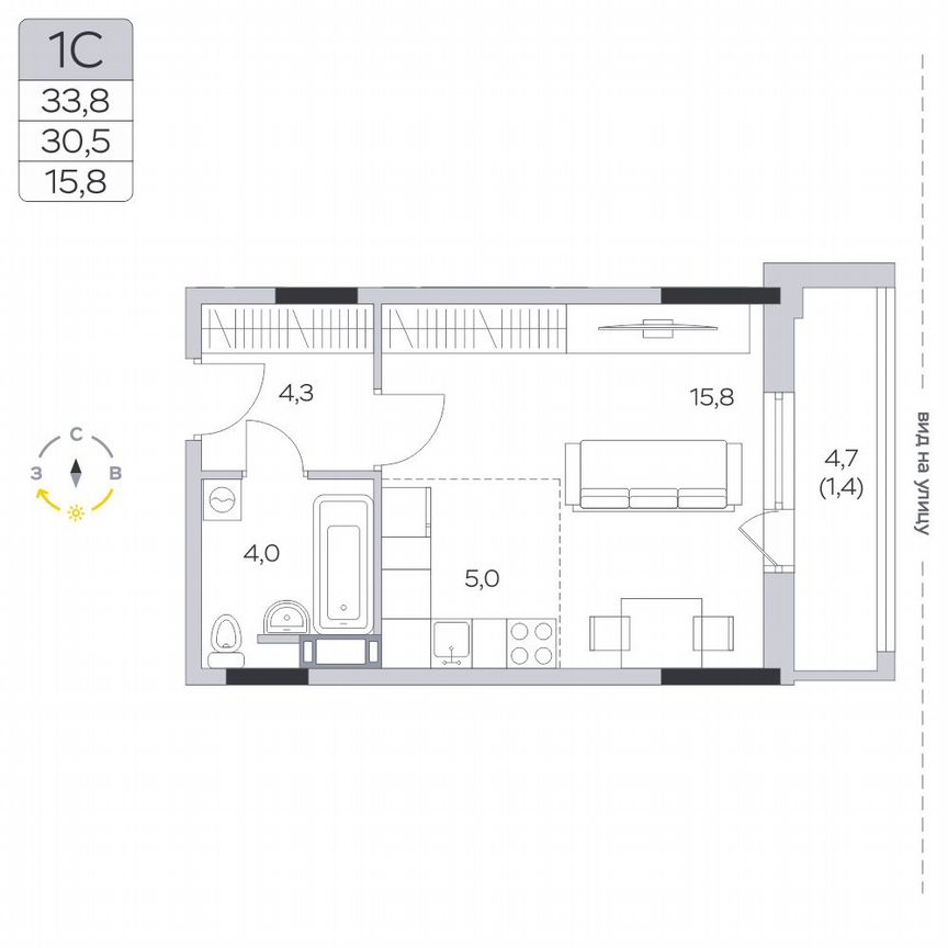 Квартира-студия, 30,4 м², 4/9 эт.