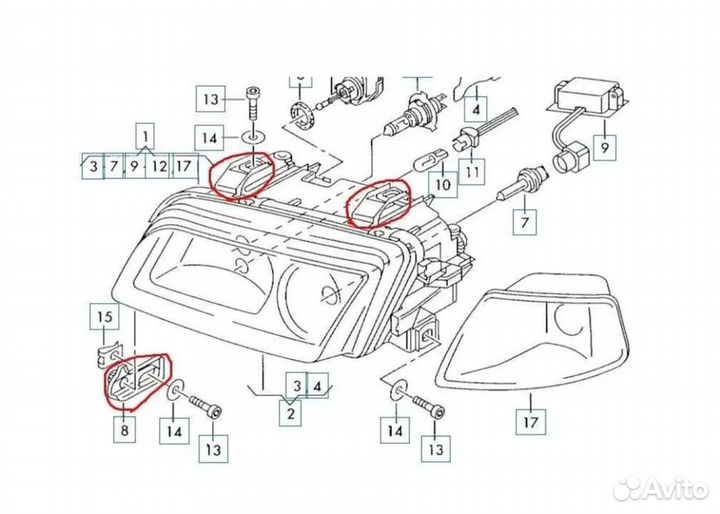 Ремкомплект крепления фары audi a4 b5