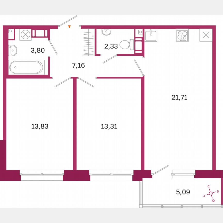 2-к. квартира, 63,7 м², 3/10 эт.