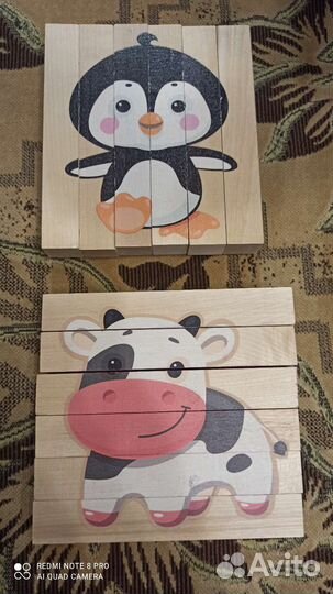 Деревянные брусочки с картинками, пазлы для детей