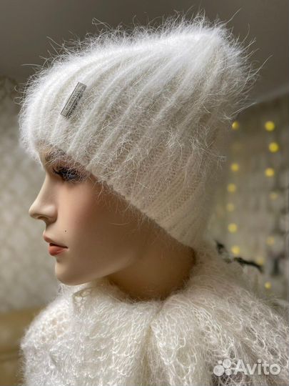 Шапка вязаная из пуха норки женская пуховая
