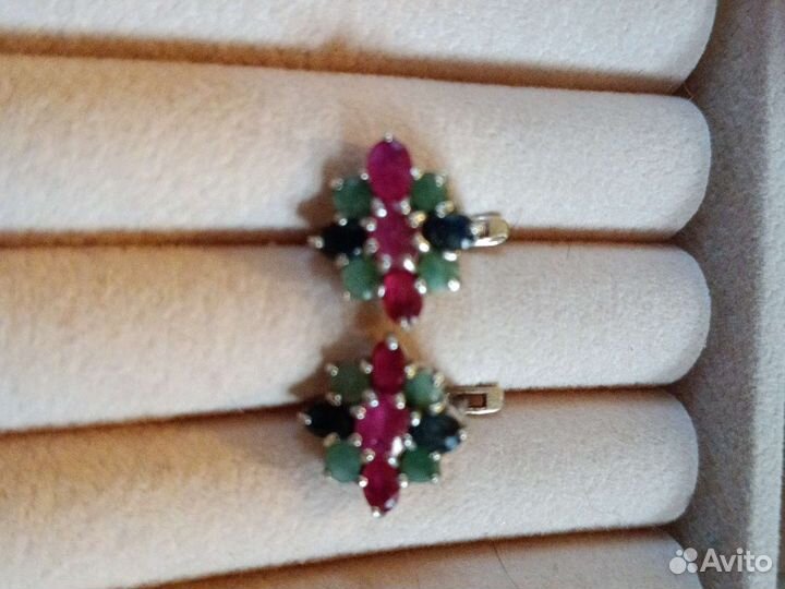 Серебряные серьги. 925. Изумруд,рубин, сапфир