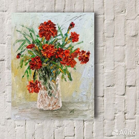 Картина маслом Бархатцы в хрустальной вазе