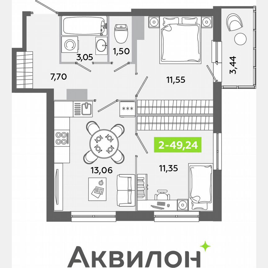 2-к. квартира, 49,2 м², 12/12 эт.