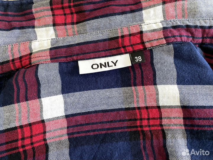 Рубашка синяя красная в клетку хлопок 44-46